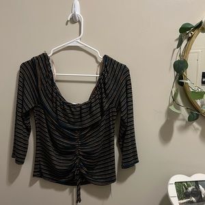 Green and yellow striped, off shoulder top with adjustable length pull ties